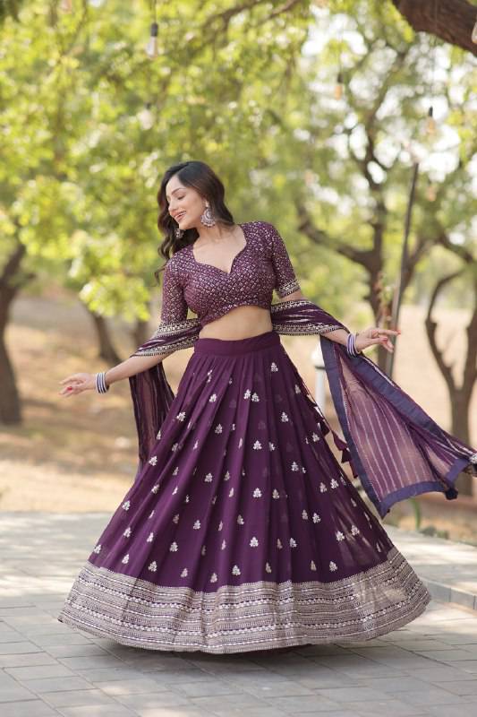 Mesmerizing Wine Faux Georgette Sequins Embroidered Wedding Lehenga Choli - INDIAN ELEGANCE