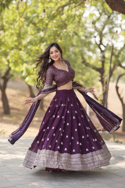 Mesmerizing Wine Faux Georgette Sequins Embroidered Wedding Lehenga Choli - INDIAN ELEGANCE