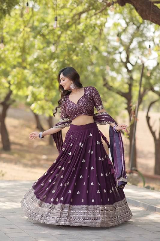 Mesmerizing Wine Faux Georgette Sequins Embroidered Wedding Lehenga Choli - INDIAN ELEGANCE