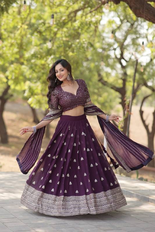 Mesmerizing Wine Faux Georgette Sequins Embroidered Wedding Lehenga Choli - INDIAN ELEGANCE