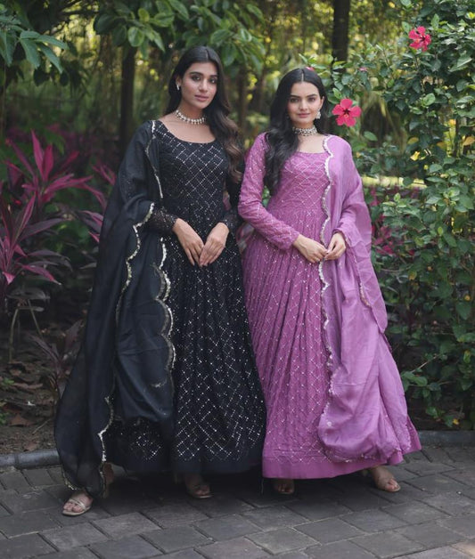 Enamoring Faux Georgette Chex Sequins Thread Worked Designer Gown - INDIAN ELEGANCE