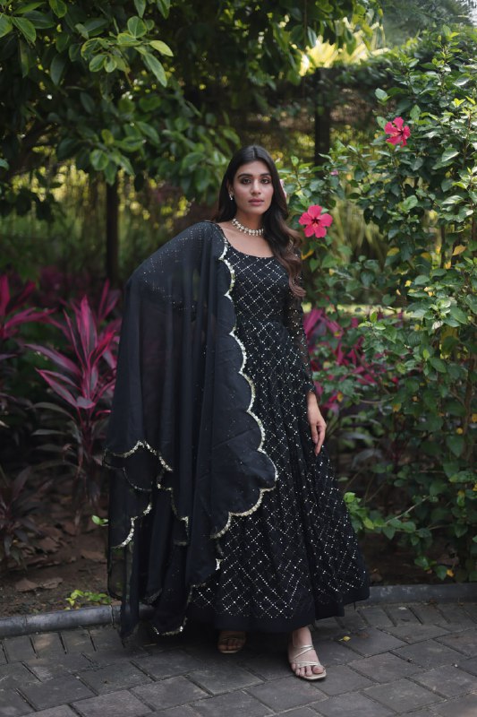Enamoring Faux Georgette Chex Sequins Thread Worked Designer Gown - INDIAN ELEGANCE