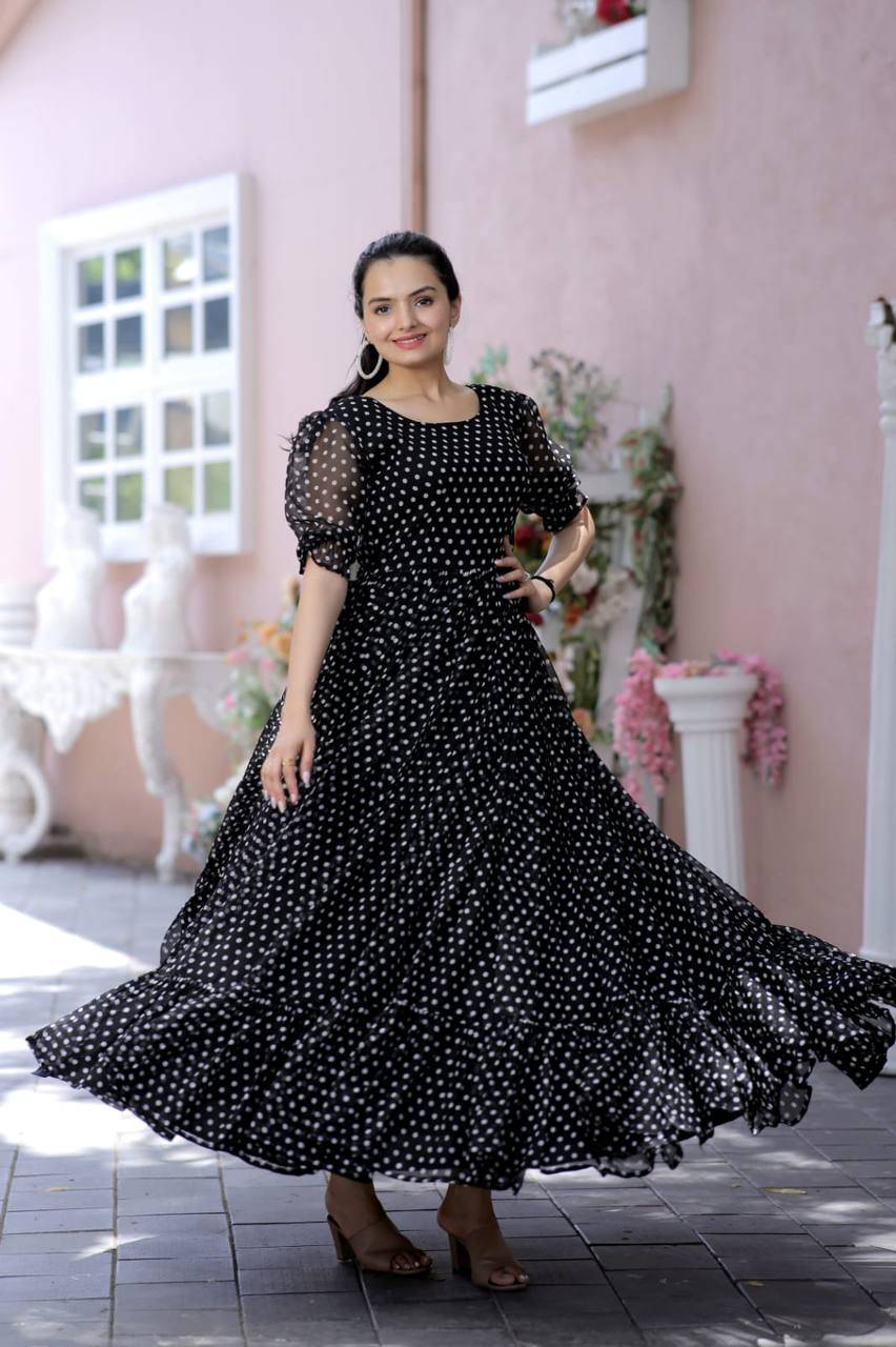 Posh Dot Printed Faux Georgette Stitched Gown - INDIAN ELEGANCE
