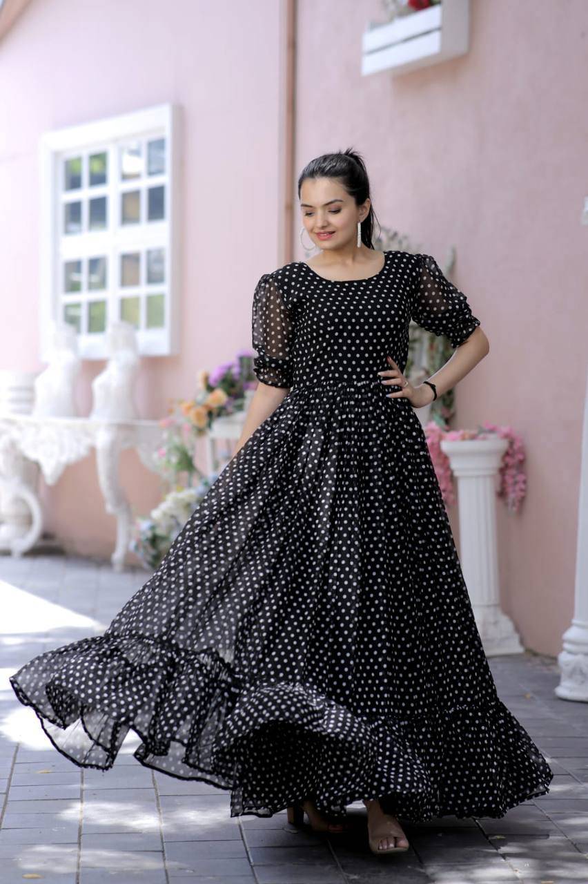 Posh Dot Printed Faux Georgette Stitched Gown - INDIAN ELEGANCE