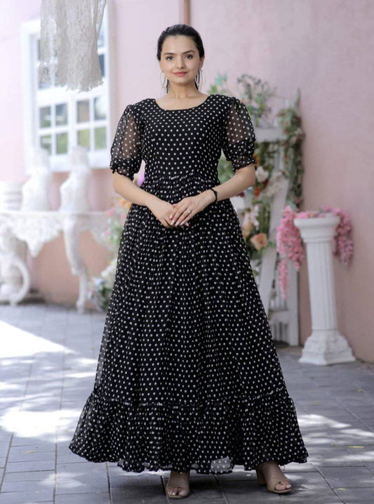 Posh Dot Printed Faux Georgette Stitched Gown - INDIAN ELEGANCE