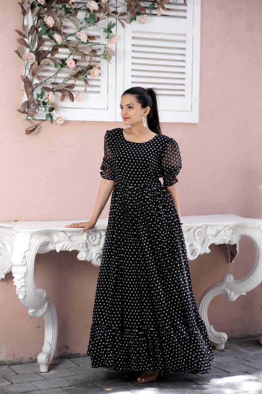Posh Dot Printed Faux Georgette Stitched Gown - INDIAN ELEGANCE
