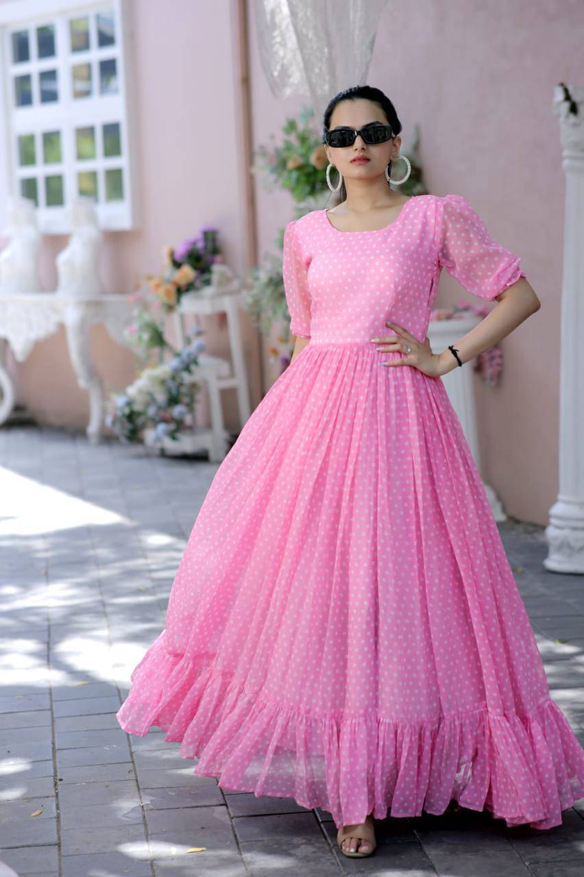 Posh Dot Printed Faux Georgette Stitched Gown - INDIAN ELEGANCE
