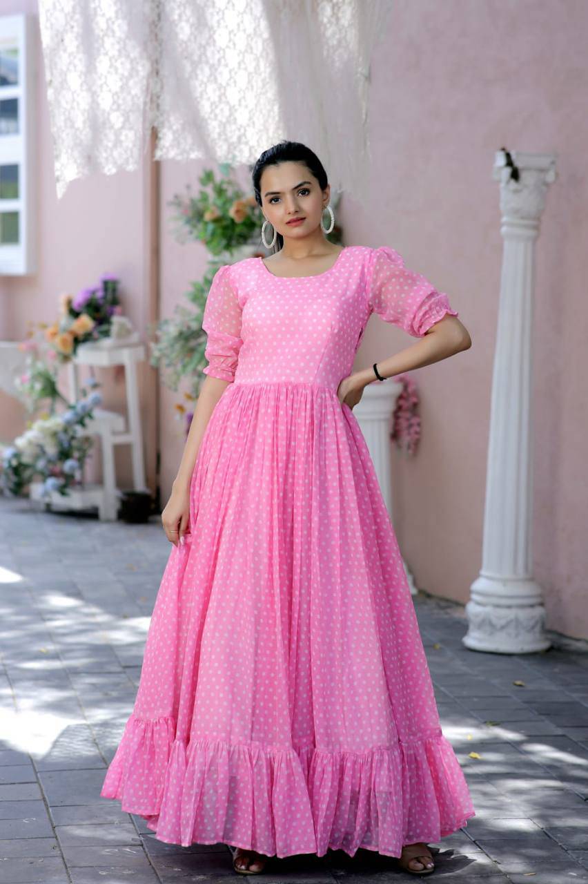 Posh Dot Printed Faux Georgette Stitched Gown - INDIAN ELEGANCE