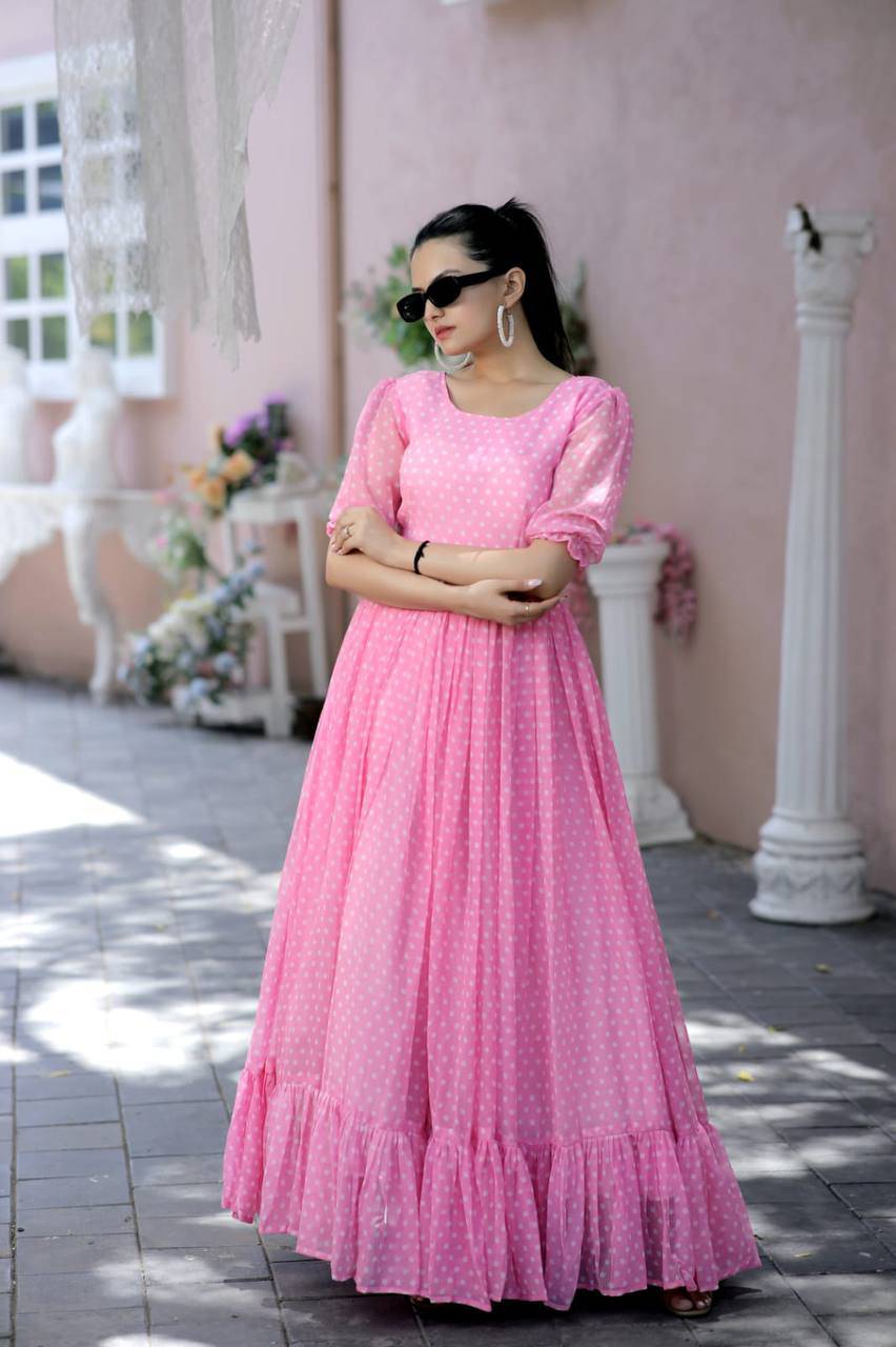 Posh Dot Printed Faux Georgette Stitched Gown - INDIAN ELEGANCE