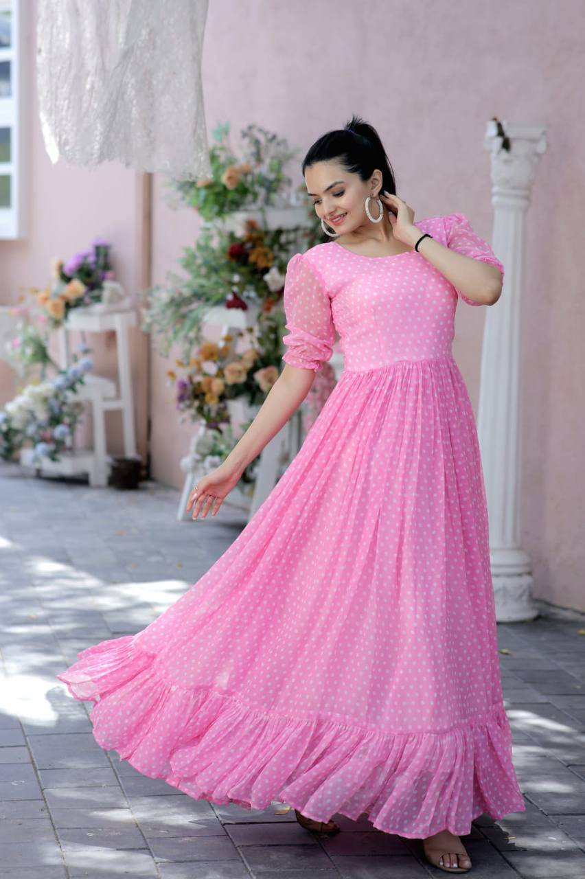 Posh Dot Printed Faux Georgette Stitched Gown - INDIAN ELEGANCE