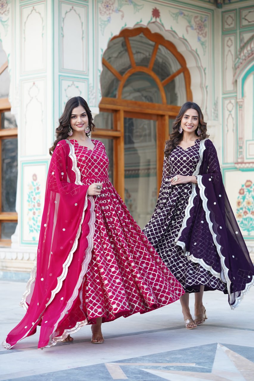 Radiant Faux Georgette Sequins Worked Festive Wear Gown - INDIAN ELEGANCE