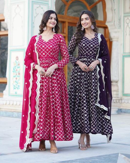 Radiant Faux Georgette Sequins Worked Festive Wear Gown - INDIAN ELEGANCE