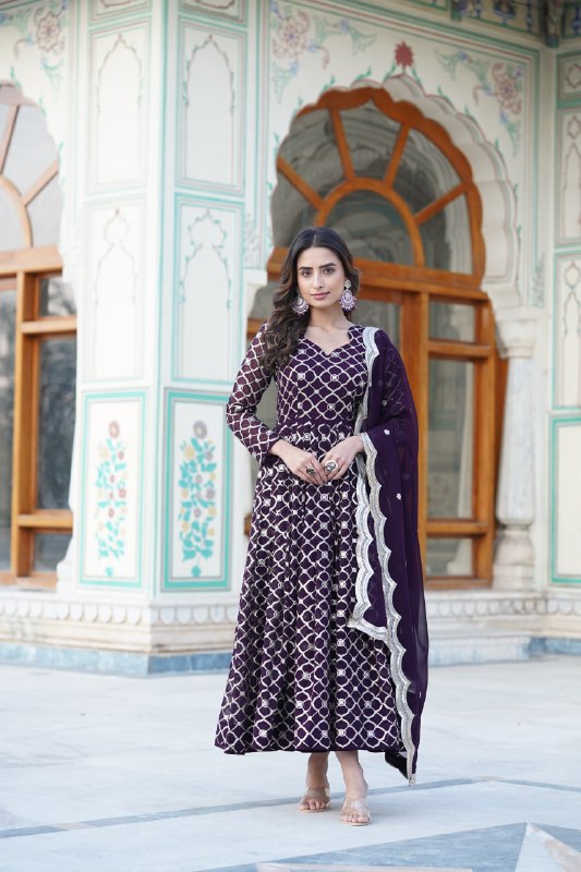 Radiant Faux Georgette Sequins Worked Festive Wear Gown - INDIAN ELEGANCE