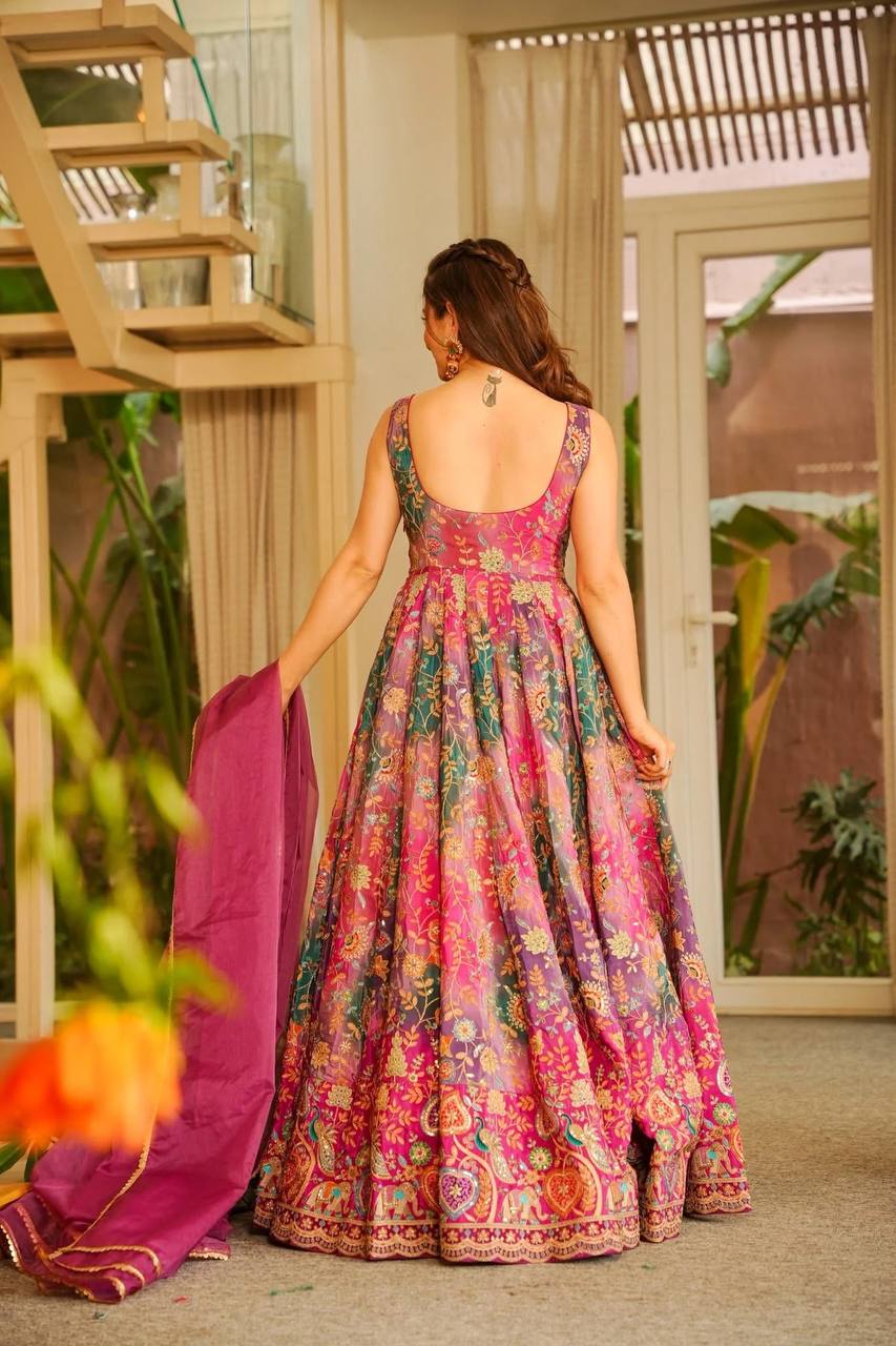 Party Wear Pink Floral Organza Anarkali suit