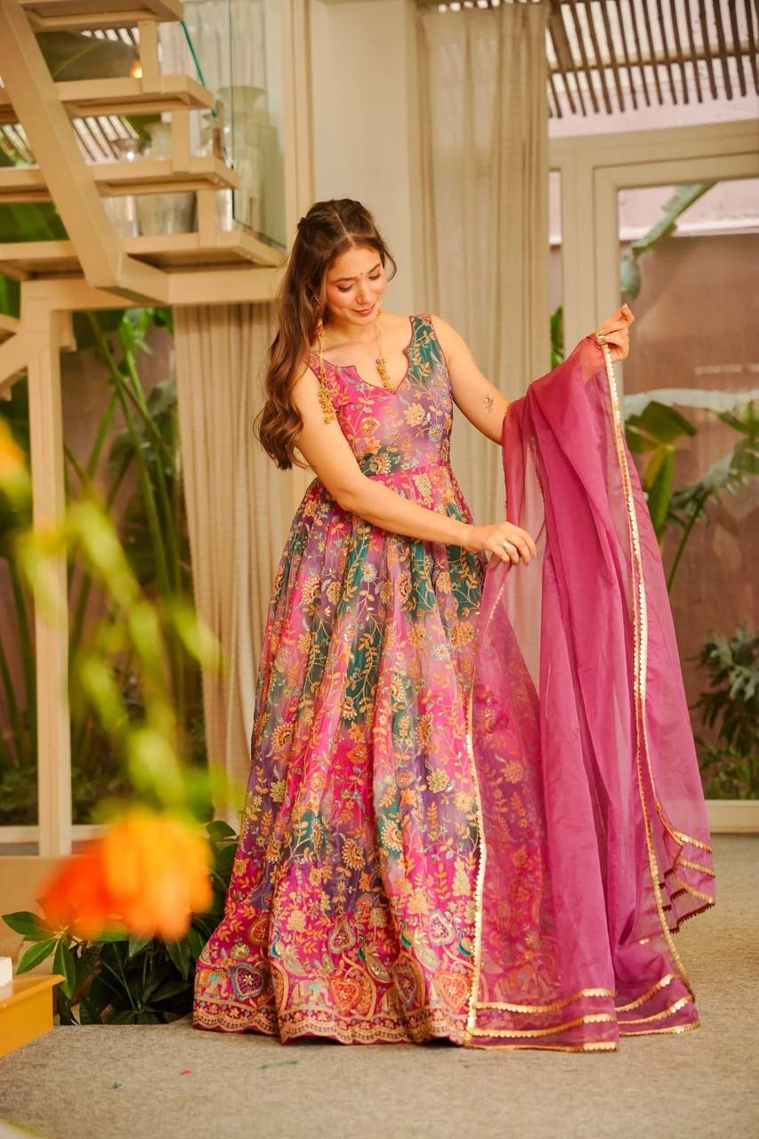 Party Wear Pink Floral Organza Anarkali suit