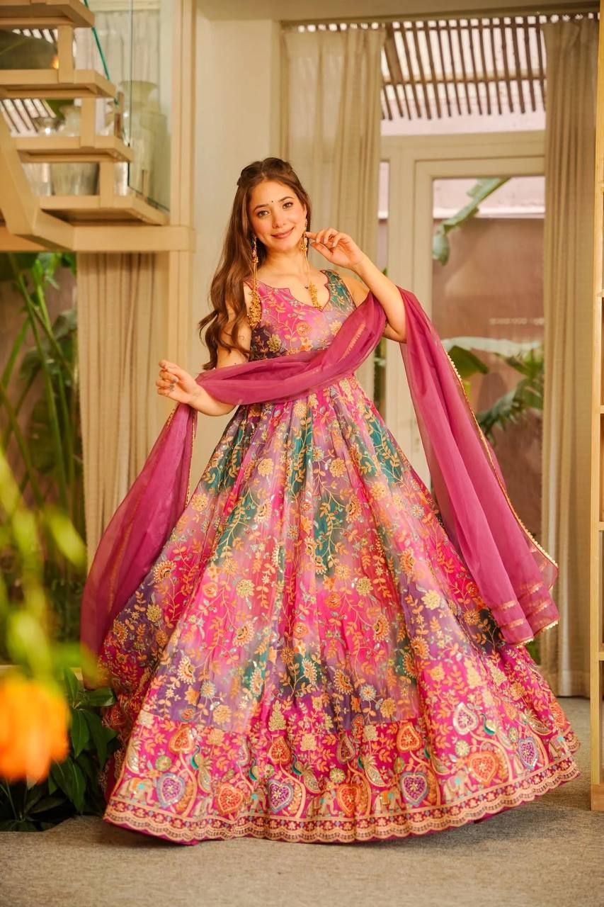 Party Wear Pink Floral Organza Anarkali suit