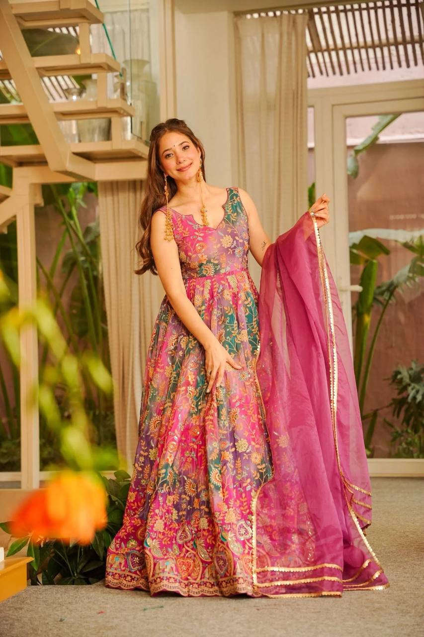Party Wear Pink Floral Organza Anarkali suit