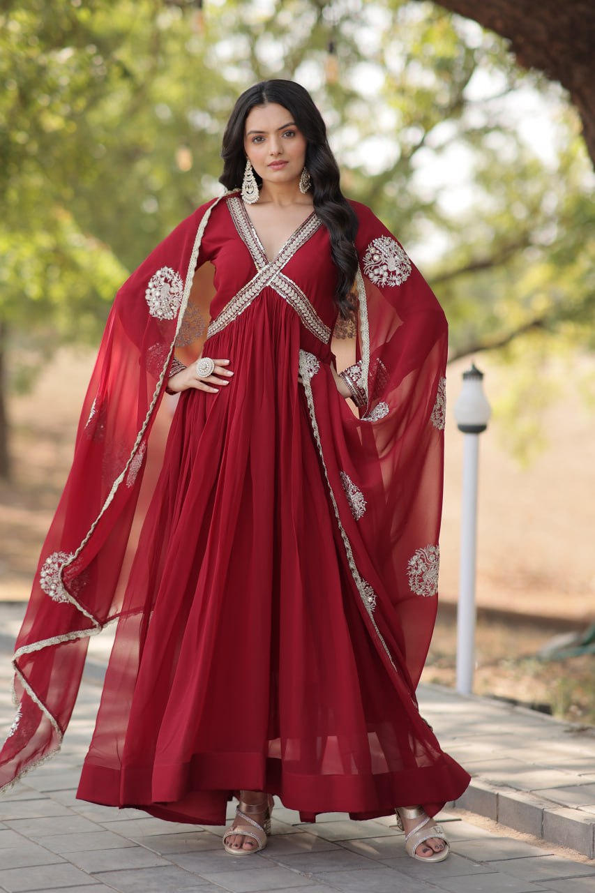 Charming Alia Cut Faux Georgette Festive Wear Designer Gown - INDIAN ELEGANCE