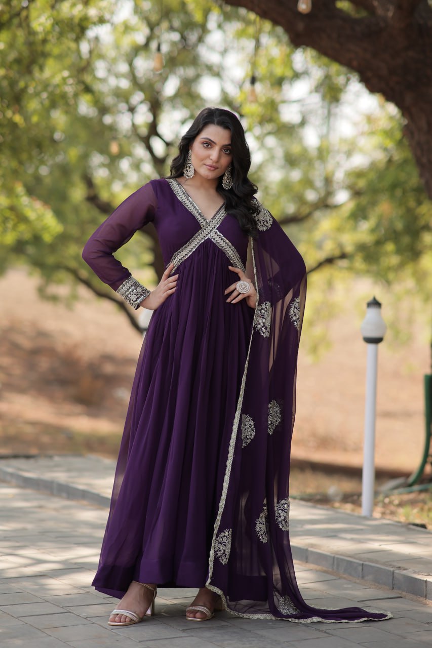 Charming Alia Cut Faux Georgette Festive Wear Designer Gown - INDIAN ELEGANCE