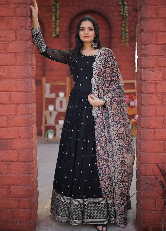 Elegant Faux Georgette Zari Sequins Worked Fully Stitched Gown - INDIAN ELEGANCE