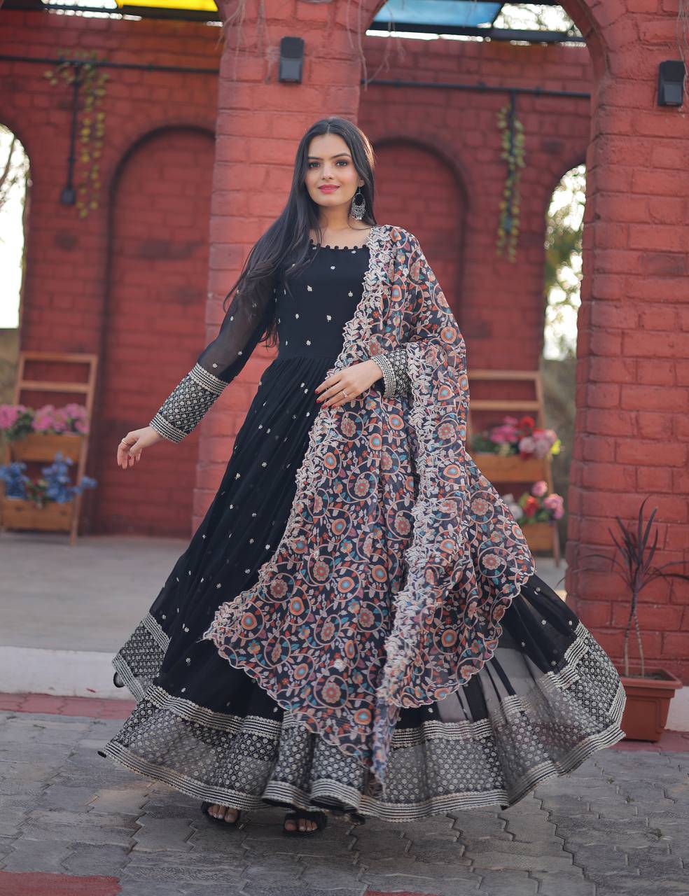 Elegant Faux Georgette Zari Sequins Worked Fully Stitched Gown - INDIAN ELEGANCE