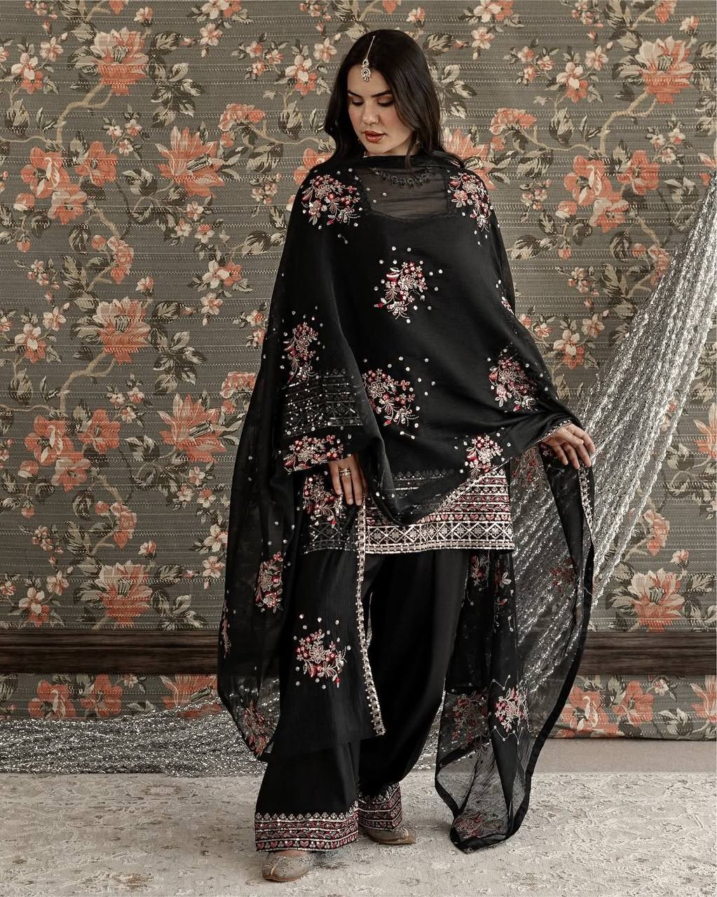 Designer Black Farshi Plazo Set for Farewell, Sangeet & Wedding Receptions