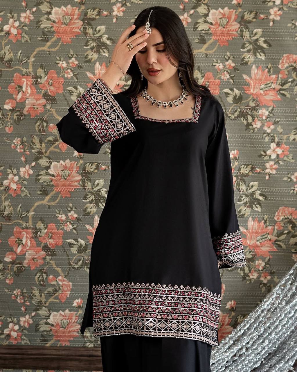 Designer Black Farshi Plazo Set for Farewell, Sangeet & Wedding Receptions
