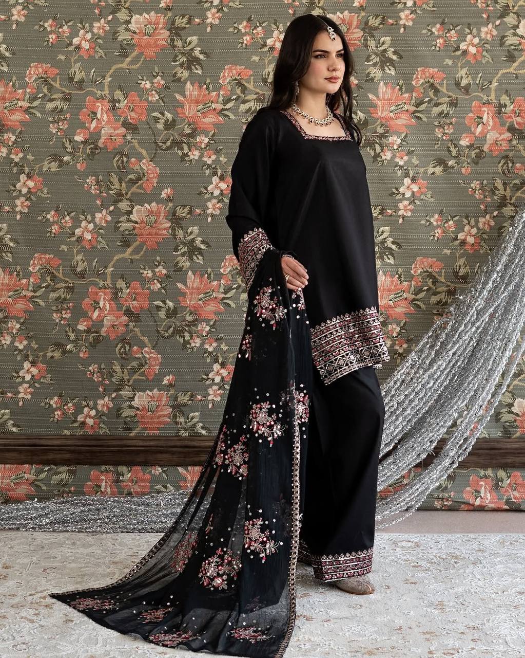 Designer Black Farshi Plazo Set for Farewell, Sangeet & Wedding Receptions
