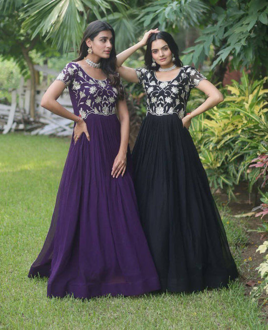 Enticing Faux Georgette Coded Sequins Embroidered Gown - INDIAN ELEGANCE