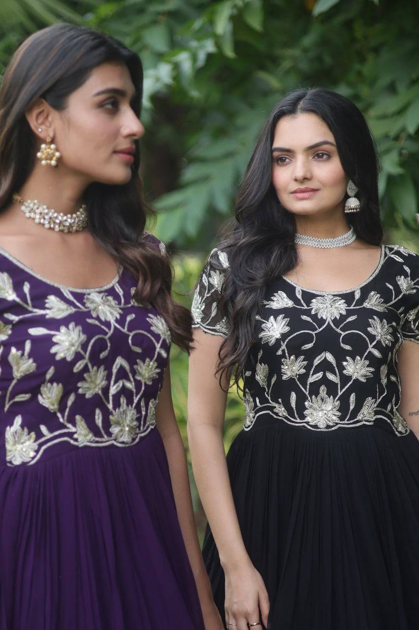 Enticing Faux Georgette Coded Sequins Embroidered Gown - INDIAN ELEGANCE