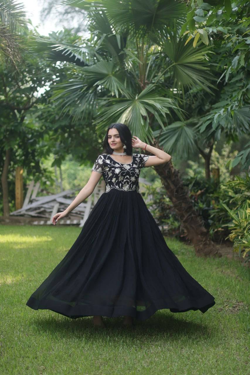 Enticing Faux Georgette Coded Sequins Embroidered Gown - INDIAN ELEGANCE