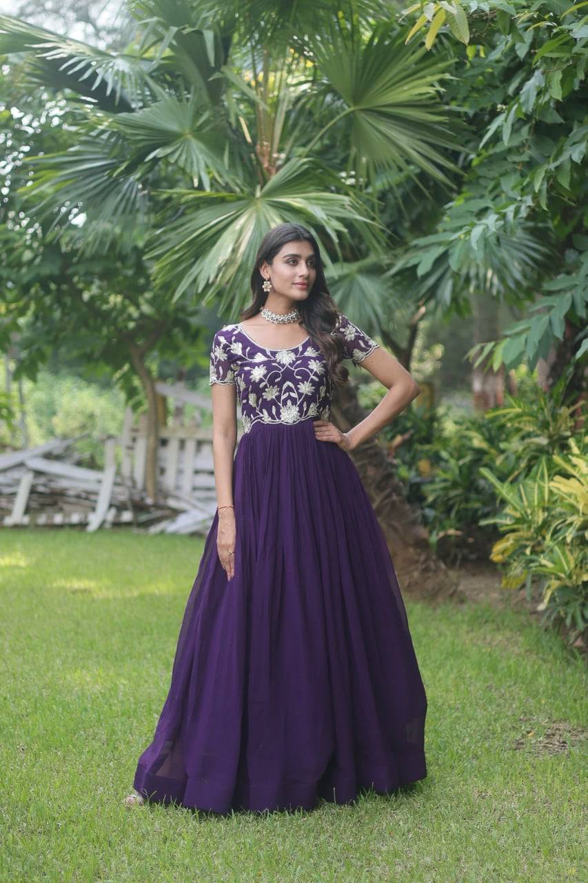 Enticing Faux Georgette Coded Sequins Embroidered Gown - INDIAN ELEGANCE