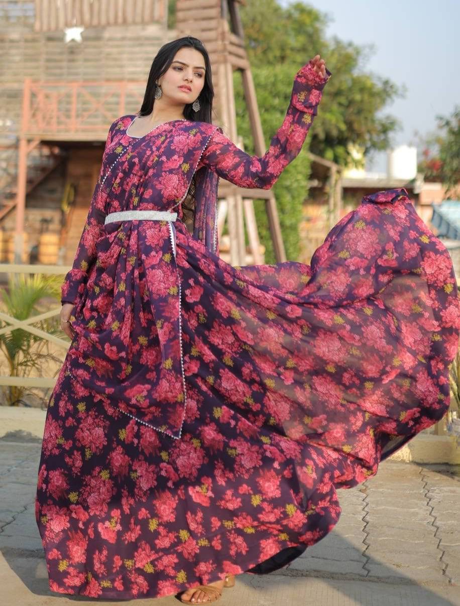Unique Pink Floral Digital Printed Faux Georgette Fully Stitched Gown With Dupatta - INDIAN ELEGANCE