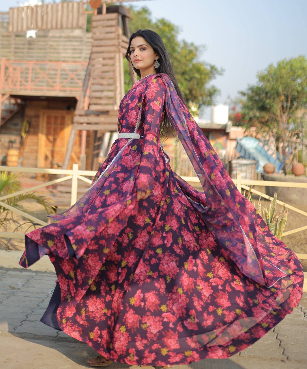Unique Pink Floral Digital Printed Faux Georgette Fully Stitched Gown With Dupatta - INDIAN ELEGANCE