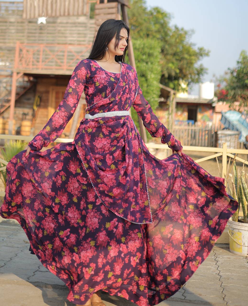 Unique Pink Floral Digital Printed Faux Georgette Fully Stitched Gown With Dupatta - INDIAN ELEGANCE