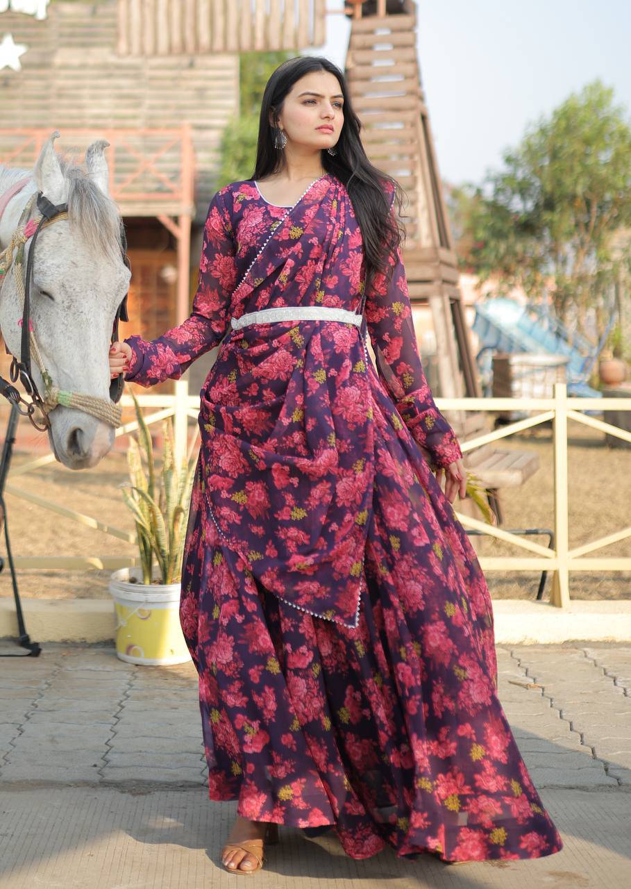 Unique Pink Floral Digital Printed Faux Georgette Fully Stitched Gown With Dupatta - INDIAN ELEGANCE