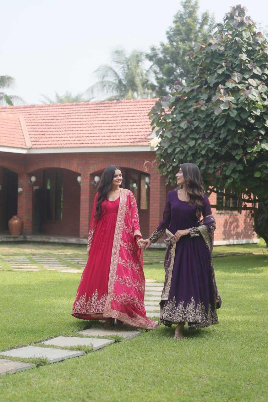 Hypnotic Faux Georgette Multi Sequins Worked Festive Wear Gown - INDIAN ELEGANCE