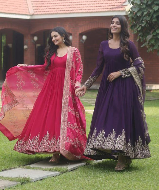 Hypnotic Faux Georgette Multi Sequins Worked Festive Wear Gown - INDIAN ELEGANCE