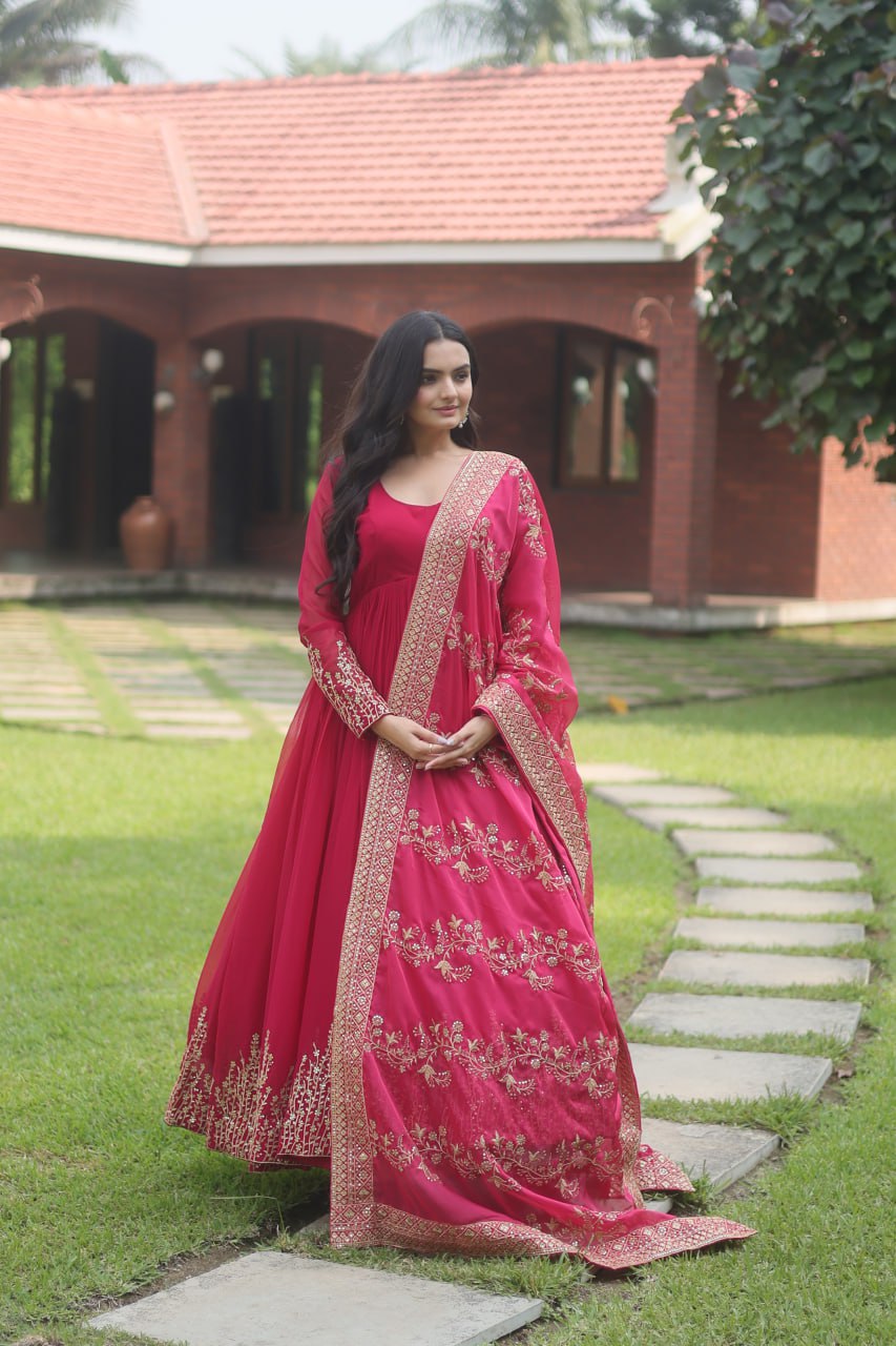 Hypnotic Faux Georgette Multi Sequins Worked Festive Wear Gown - INDIAN ELEGANCE