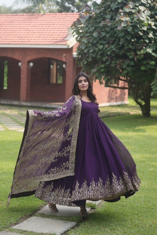 Hypnotic Faux Georgette Multi Sequins Worked Festive Wear Gown - INDIAN ELEGANCE