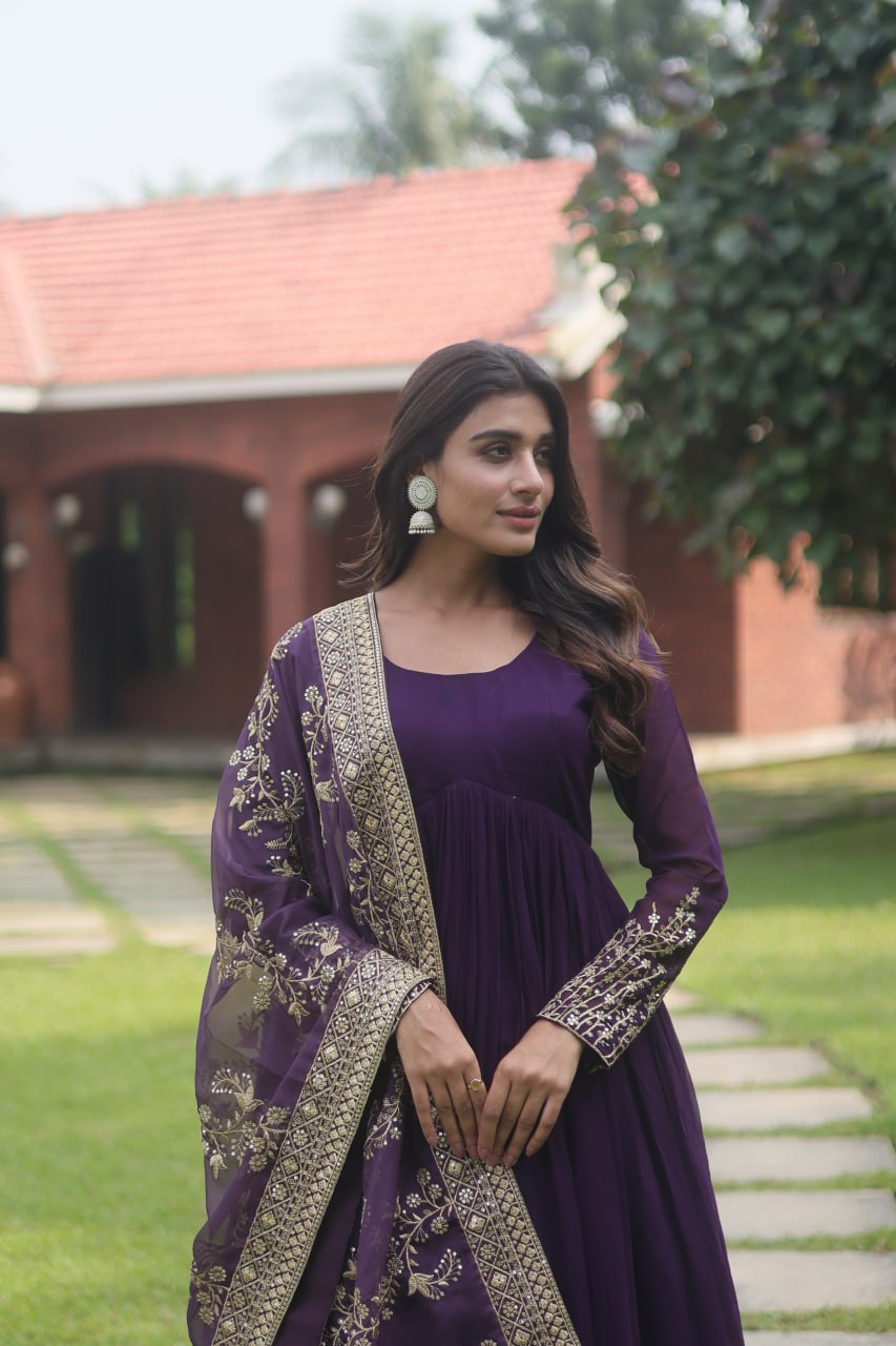 Hypnotic Faux Georgette Multi Sequins Worked Festive Wear Gown - INDIAN ELEGANCE