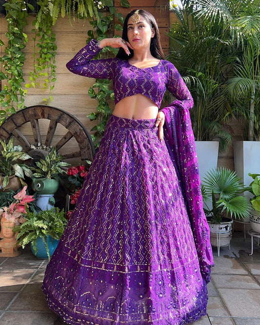 Magnificent Purple Heavy Sequins Embroidered Georgette Lehenga Choli - INDIAN ELEGANCE