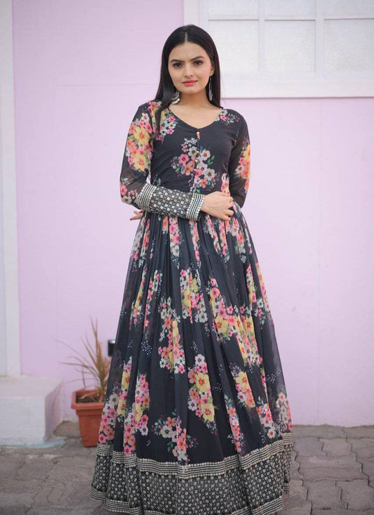 Thrilling Floral Digital Printed Sequins Zari Worked Fully Stitched Gown - INDIAN ELEGANCE