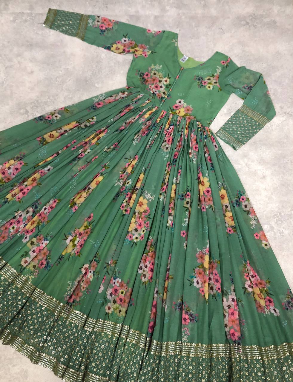 Thrilling Floral Digital Printed Sequins Zari Worked Fully Stitched Gown - INDIAN ELEGANCE