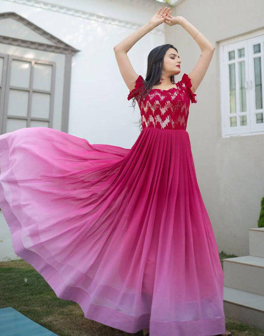 Dashing Faux Georgette Shaded Sequins Worked Gown - INDIAN ELEGANCE