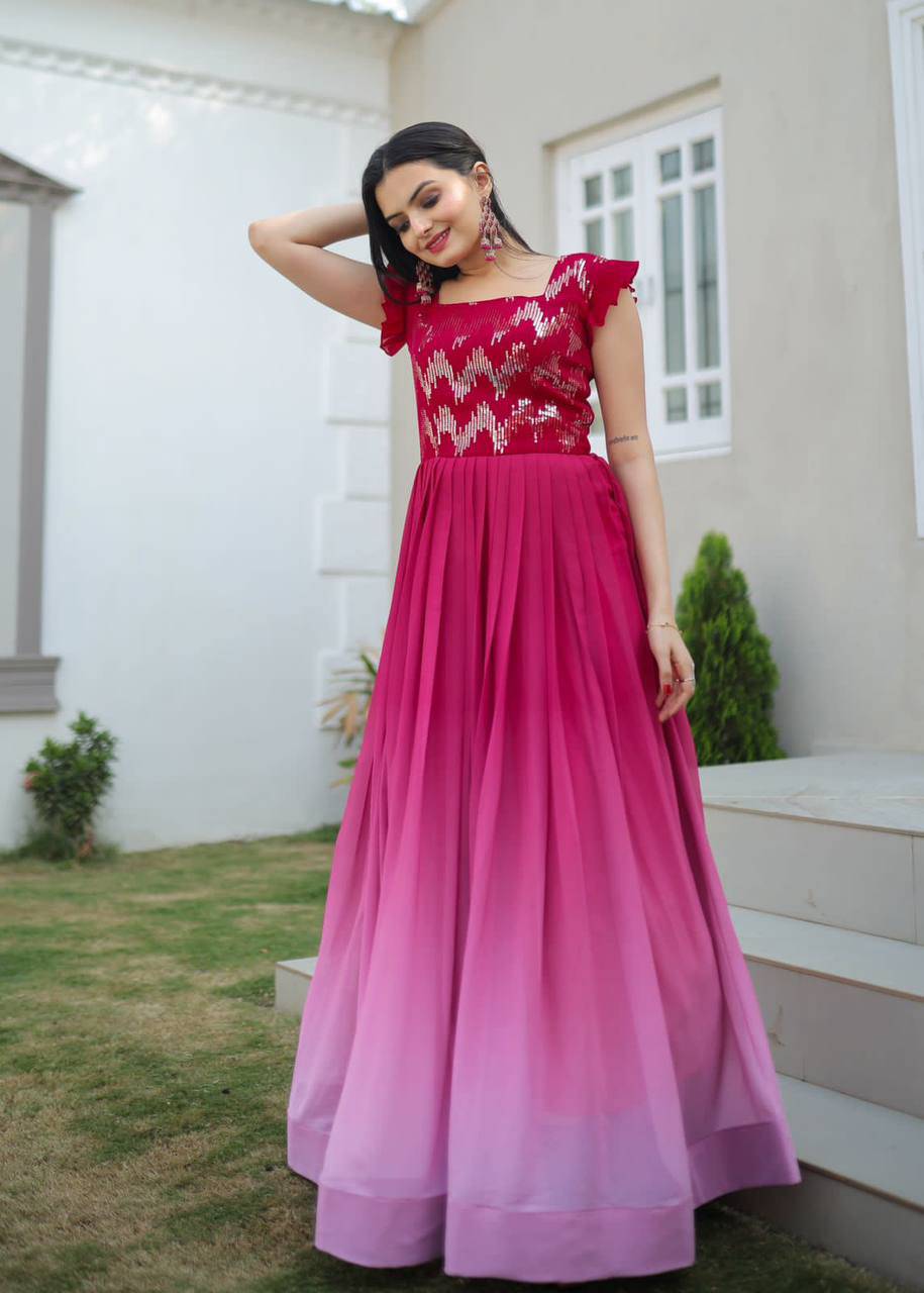 Dashing Faux Georgette Shaded Sequins Worked Gown - INDIAN ELEGANCE