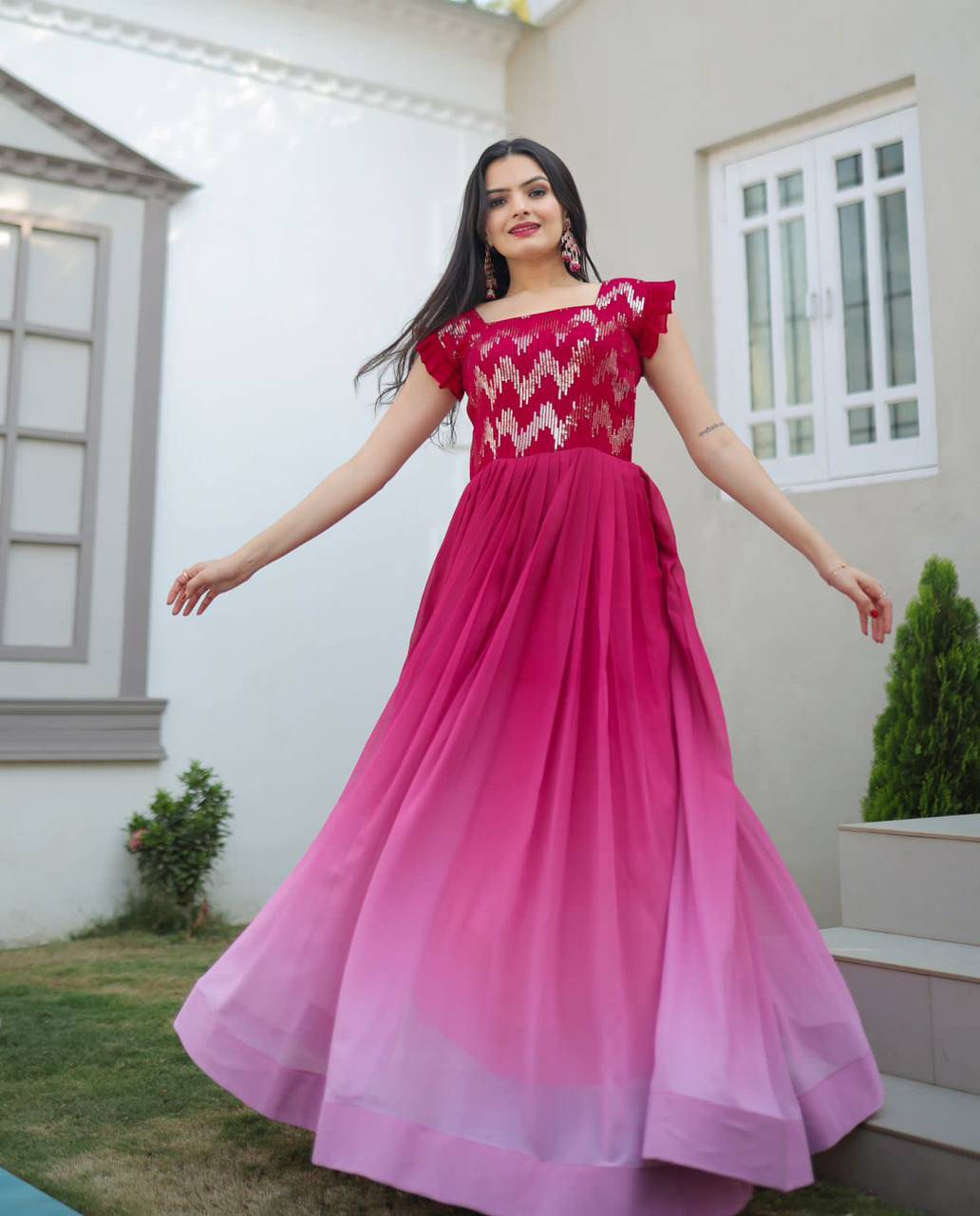 Dashing Faux Georgette Shaded Sequins Worked Gown - INDIAN ELEGANCE