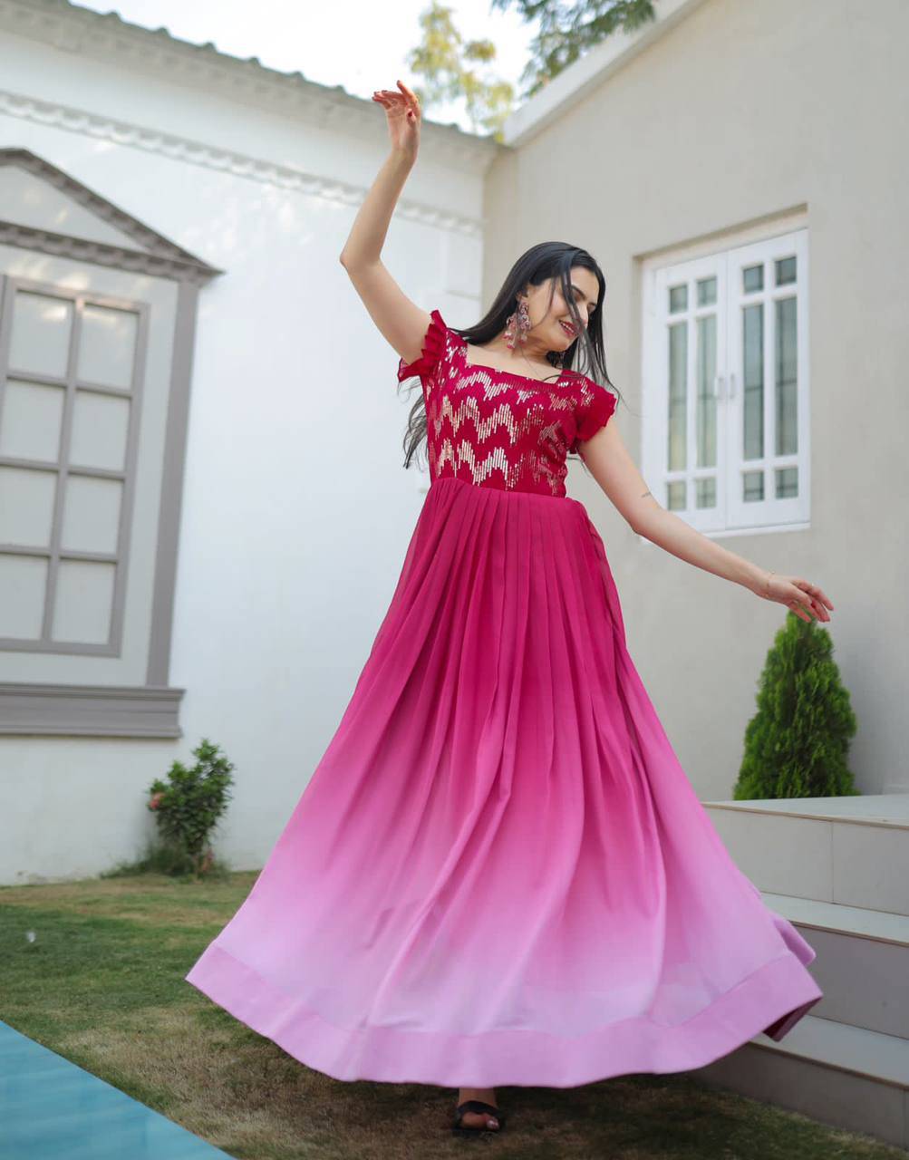 Dashing Faux Georgette Shaded Sequins Worked Gown - INDIAN ELEGANCE