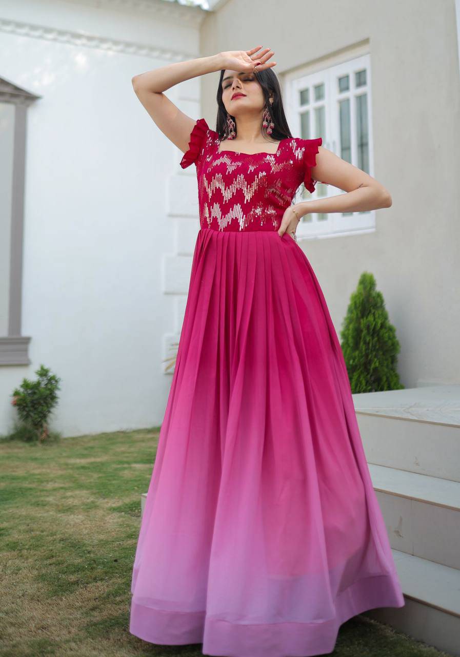 Dashing Faux Georgette Shaded Sequins Worked Gown - INDIAN ELEGANCE