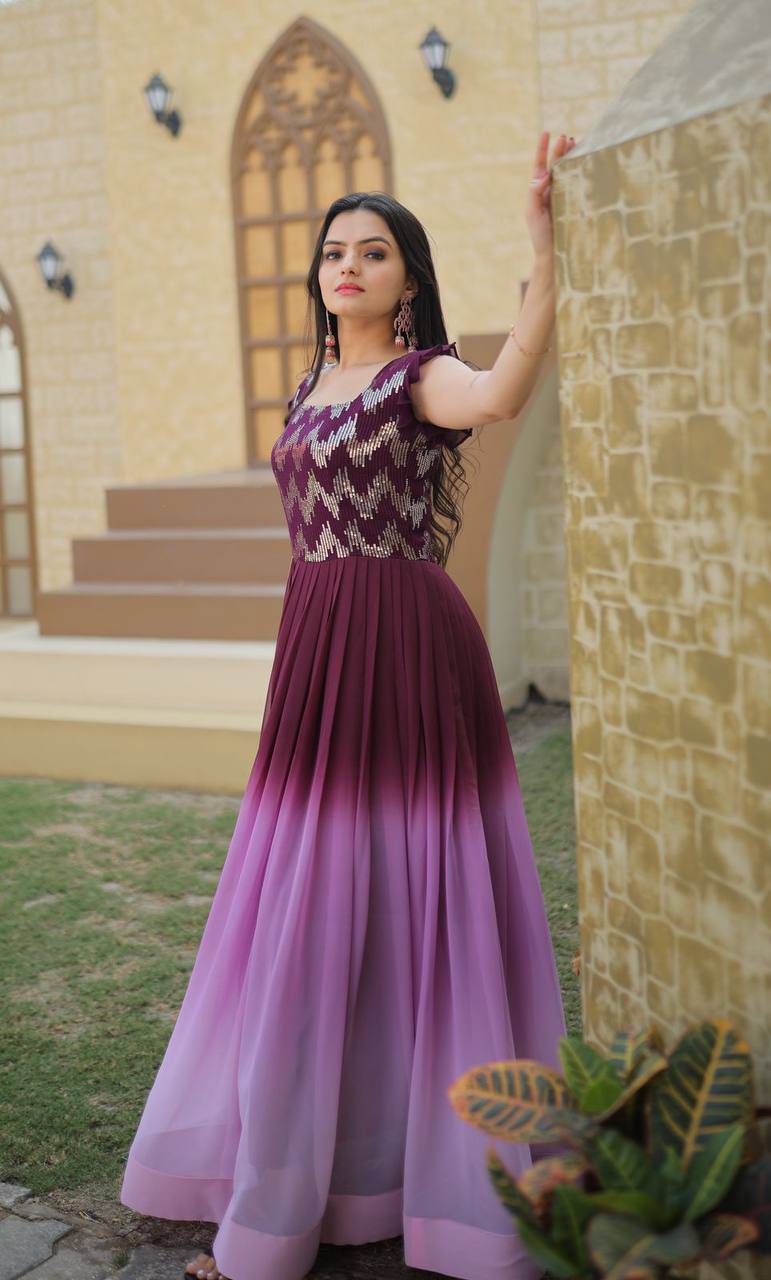 Dashing Faux Georgette Shaded Sequins Worked Gown - INDIAN ELEGANCE